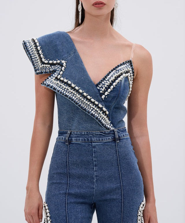 Luxury Denim Asymmetric Pearl Bodysuit + Side Slit Jeans