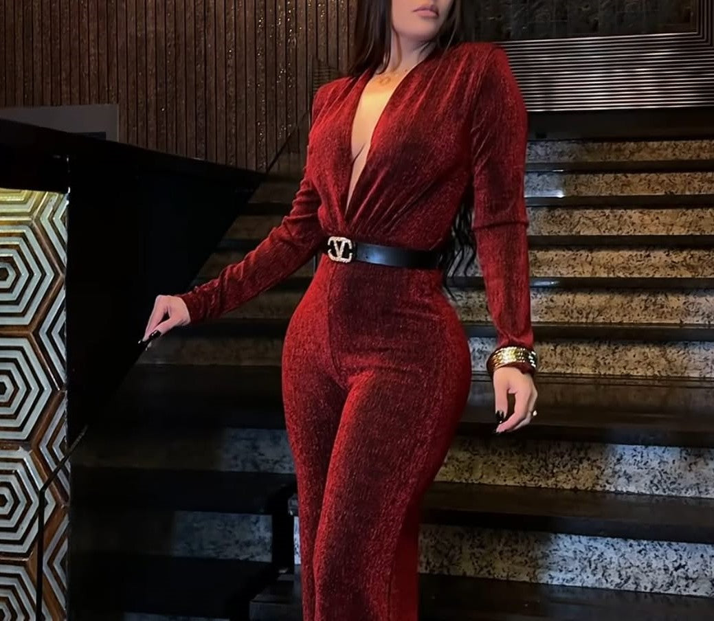 Deep V-neck velvet jumpsuit