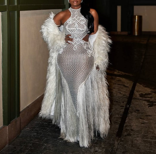 Embroidered hollow sleeveless tassel dress