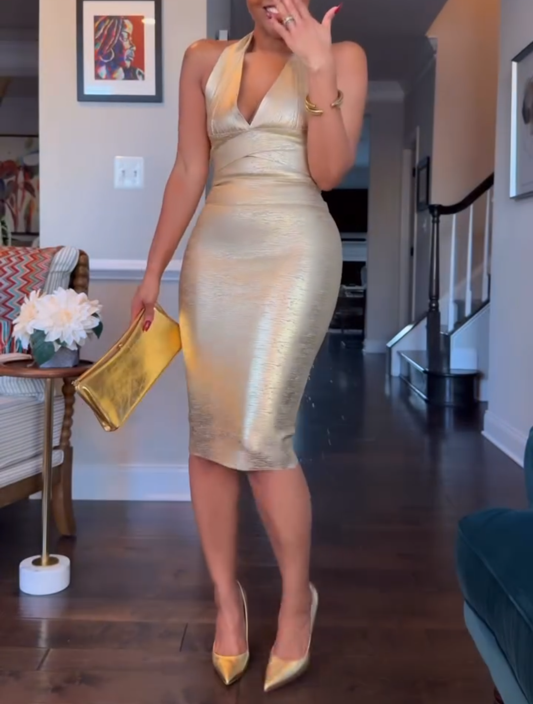 Gold V-neck halter dress