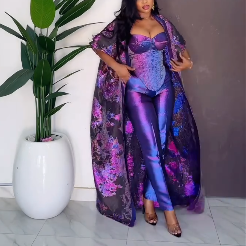 Purple gradient top + skirt + pants + cape 4-piece set