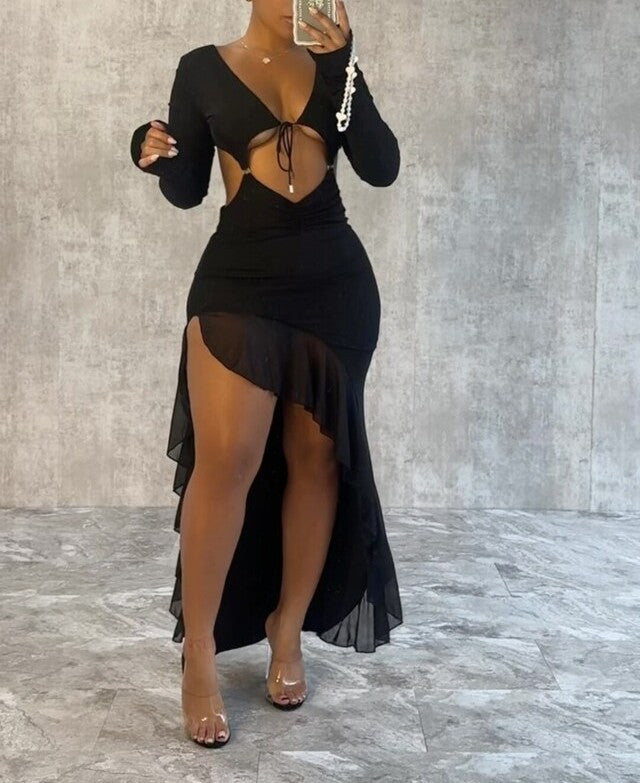 Cut Out Mesh Ruffle Dress