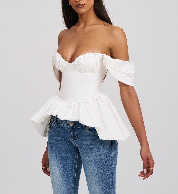 White Off-shoulder Bubble Hem Peplum Cotton Top