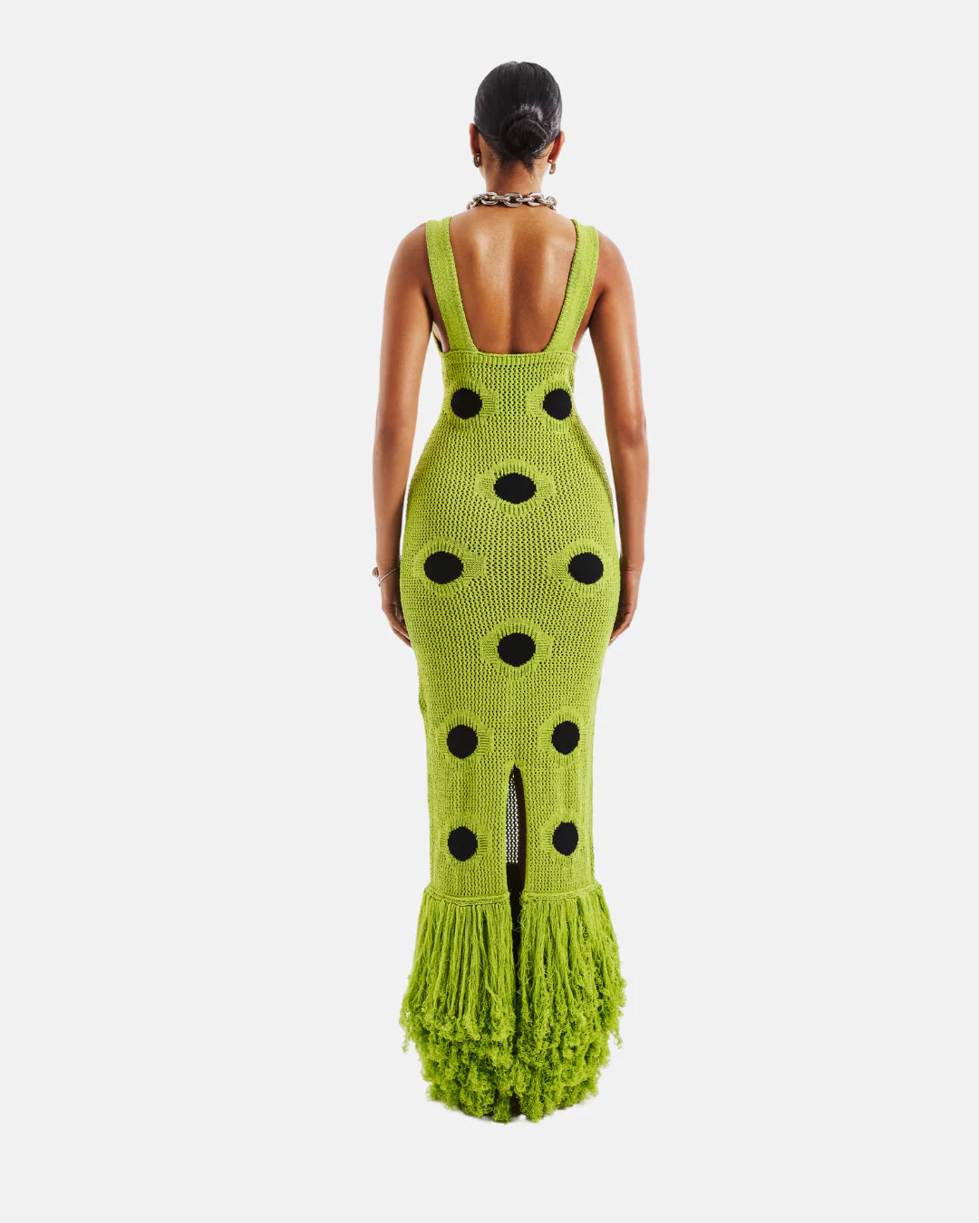 V-neck knitted polka dot fringe maxi dress