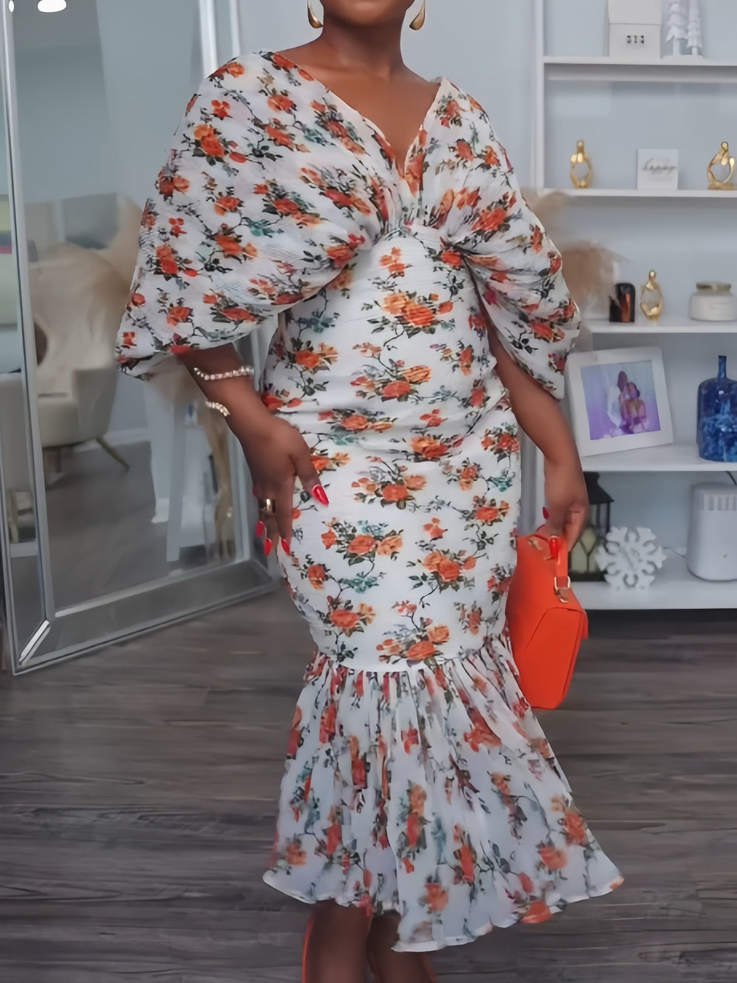 V-neck pleated sleeves printed long skirt