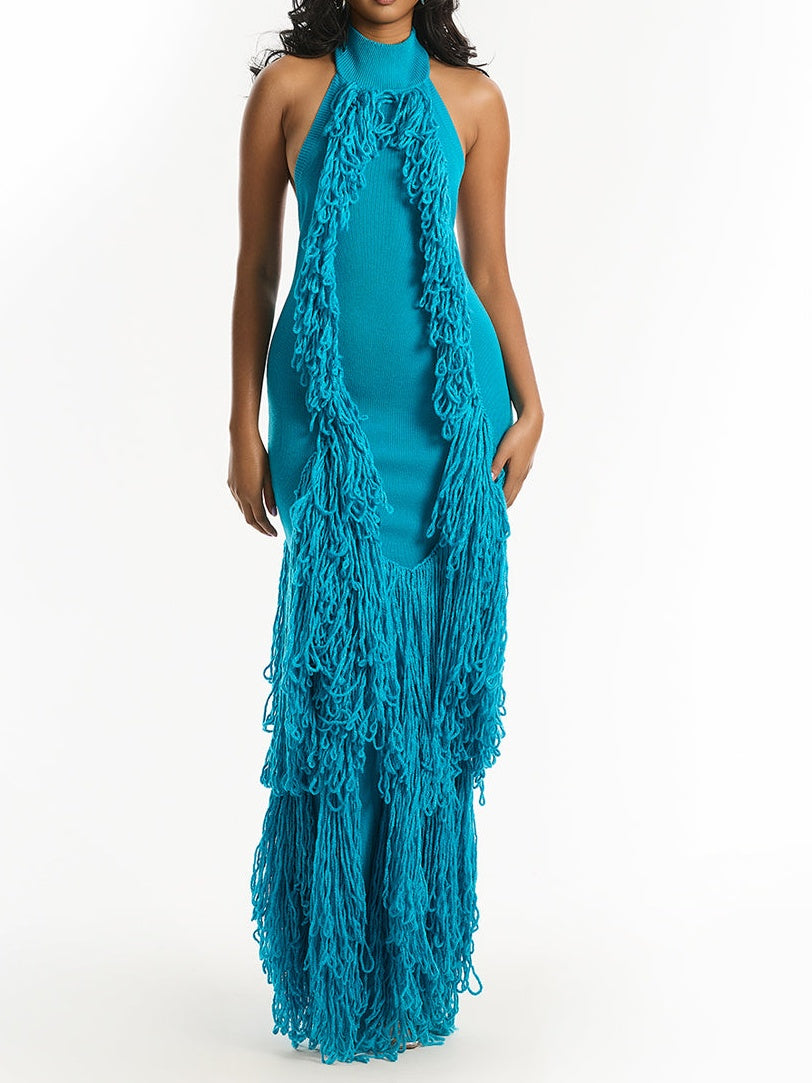Sleeveless Fringed Knitted Maxi Dress