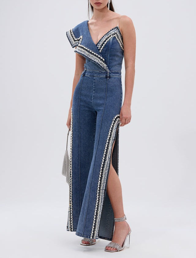 Luxury Denim Asymmetric Pearl Bodysuit + Side Slit Jeans