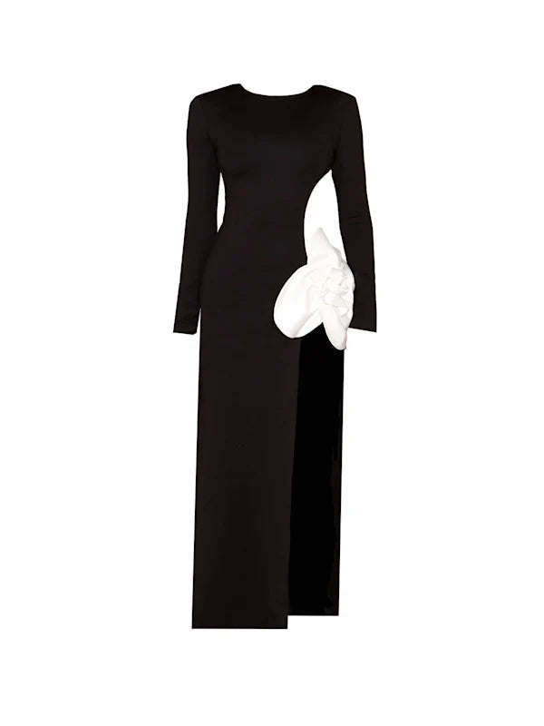 Three-dimensional Flower Classic Black And White Color Split Dress