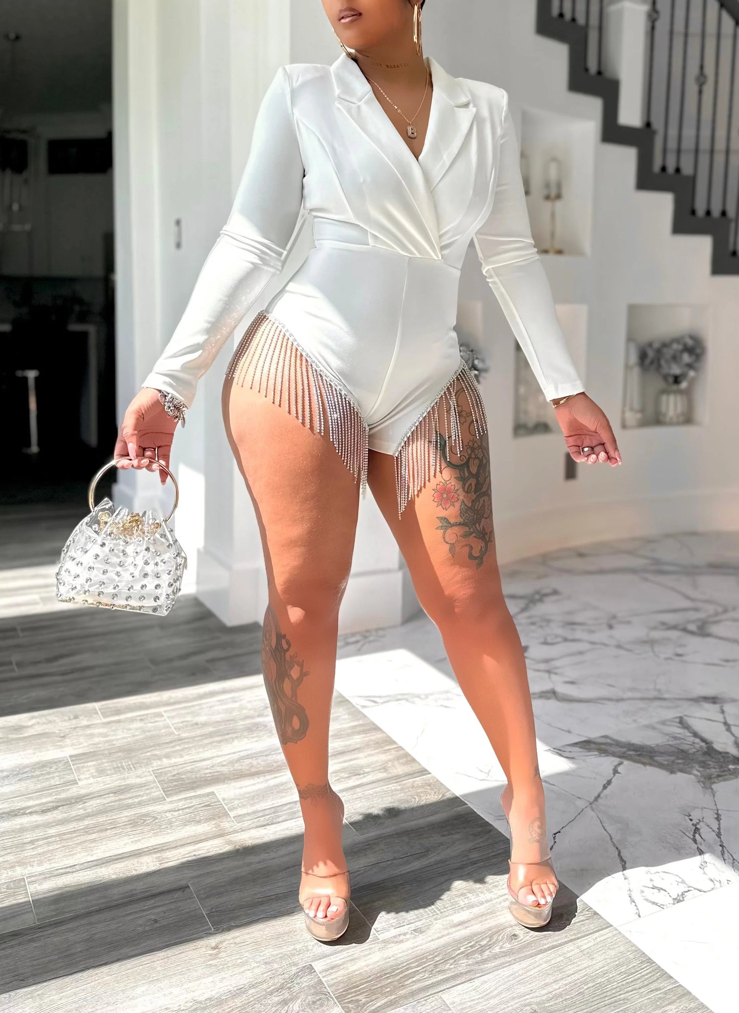 V-Neck Beaded Tassel Bodysuit (New)
