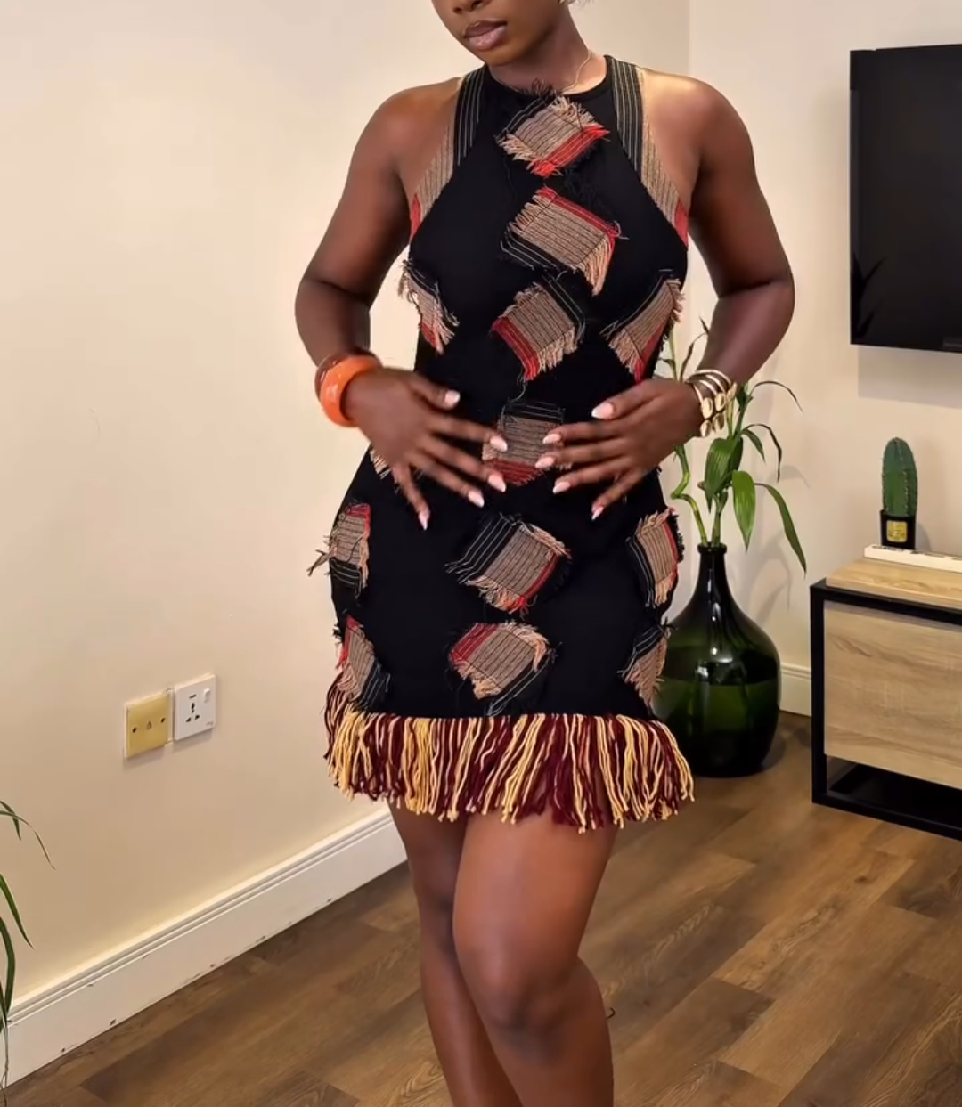 Sleeveless Patched Tassel Mini Dress