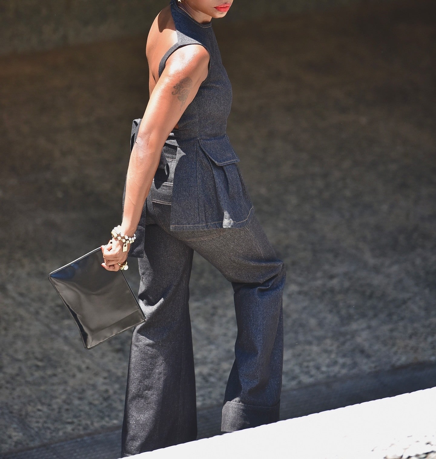 Backless Denim Peplum Two Pieces Set