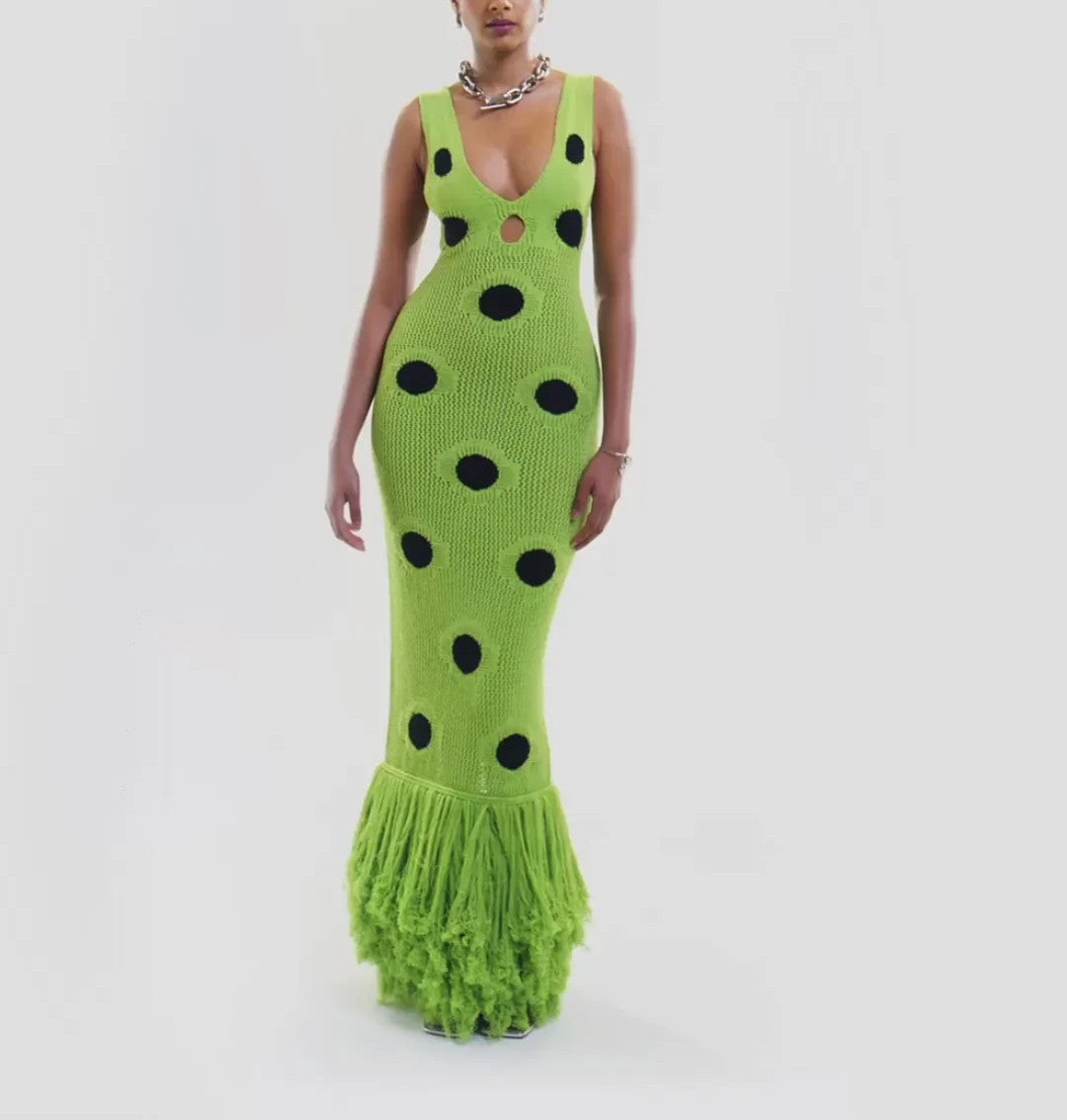 Polka Dot Knitted Tassel Dress