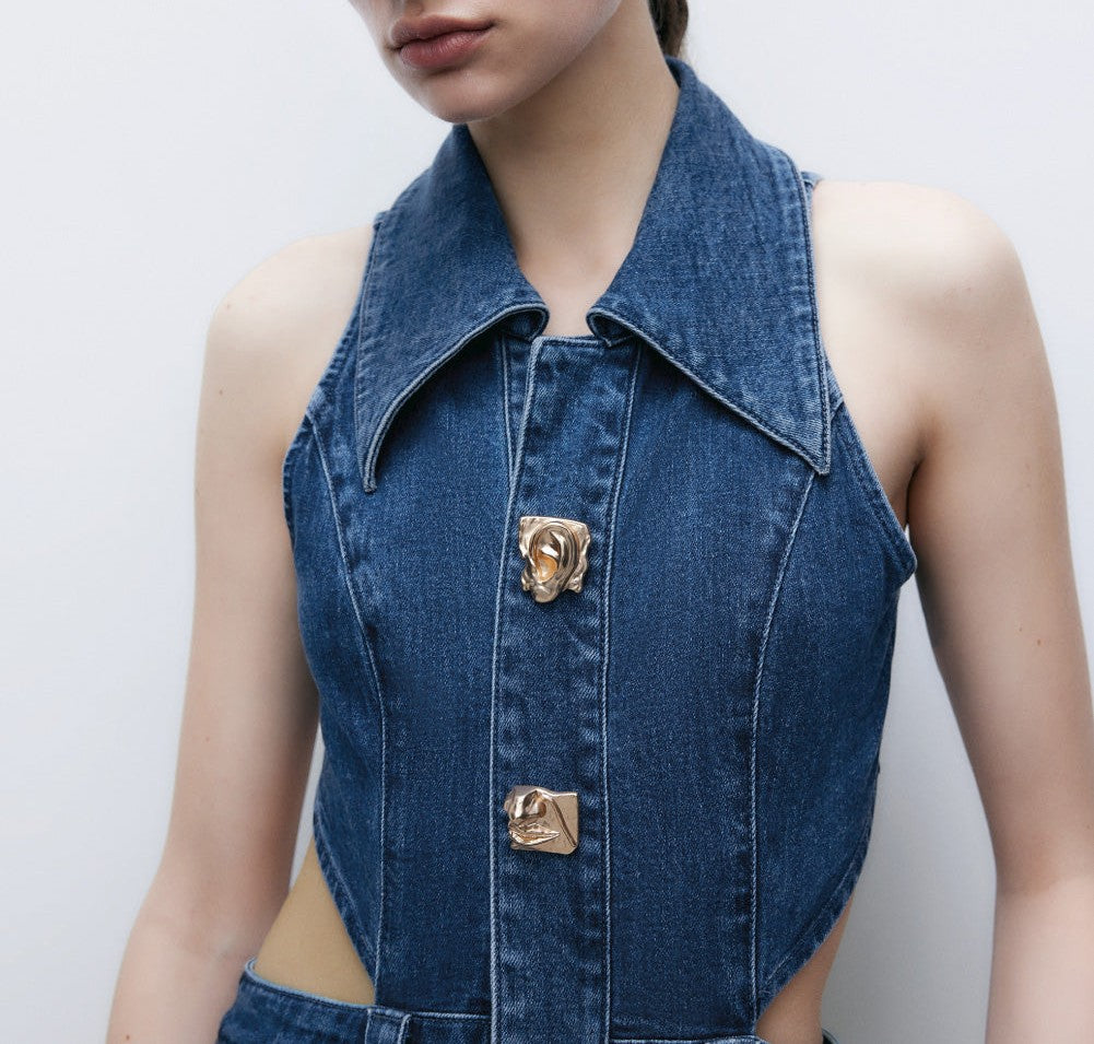 Cut-Out Sleeveless Lapel Denim Dress