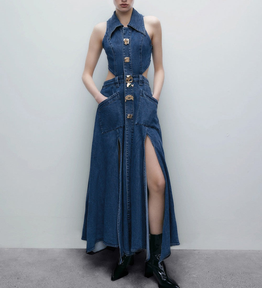Cut-Out Sleeveless Lapel Denim Dress