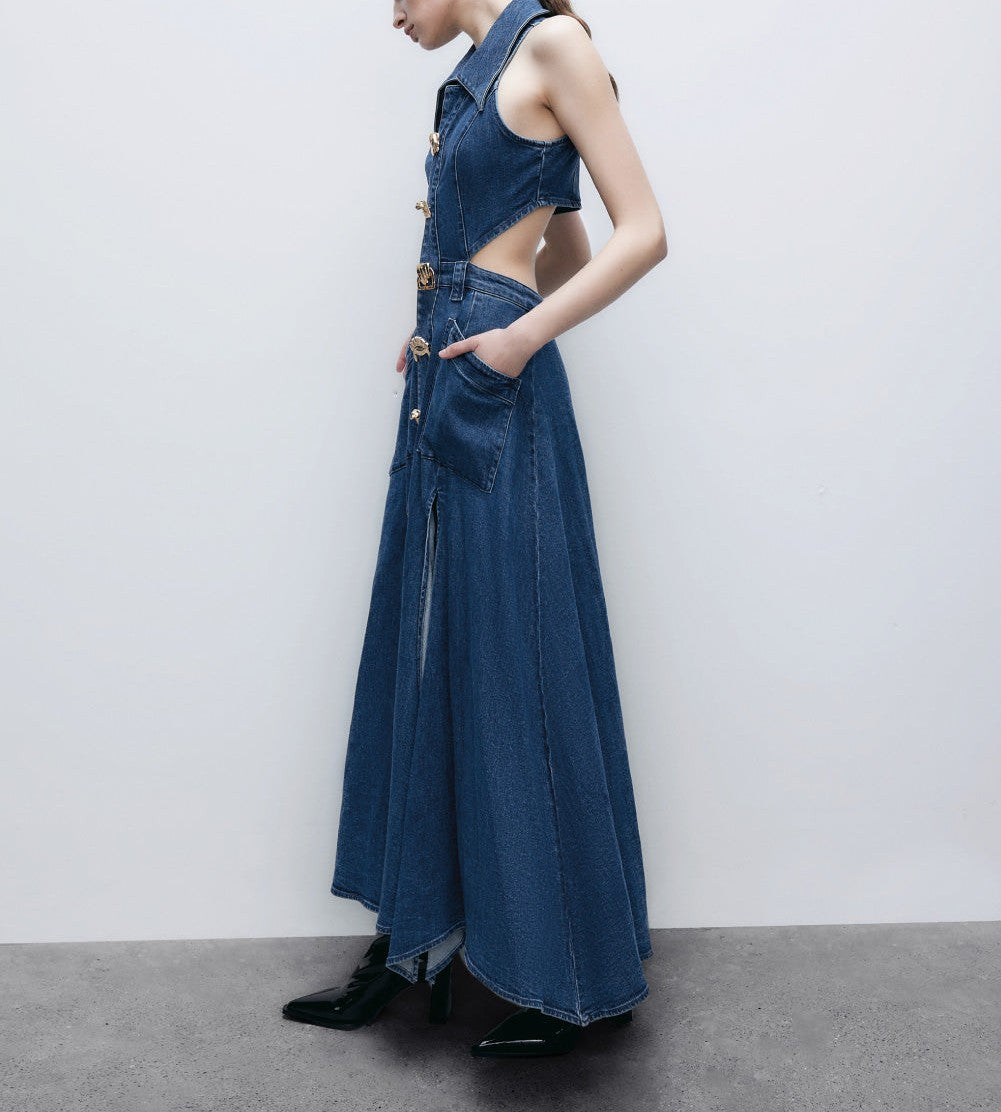 Cut-Out Sleeveless Lapel Denim Dress