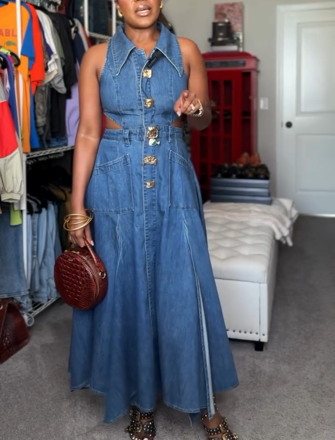 Cut-Out Sleeveless Lapel Denim Dress