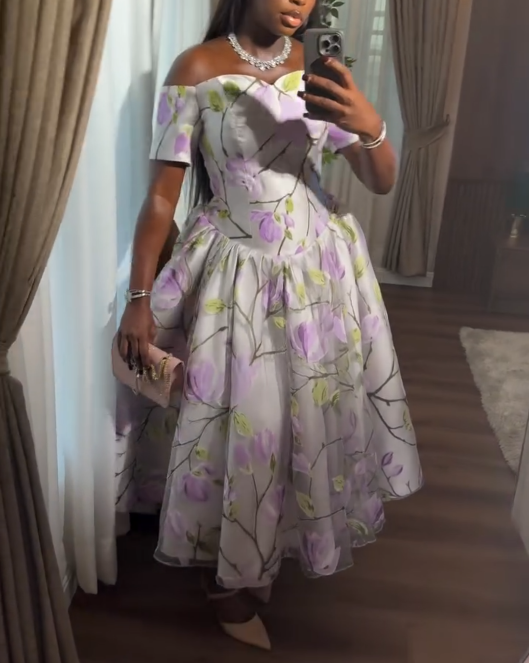 Purple Floral Off-The-Shoulder Dress