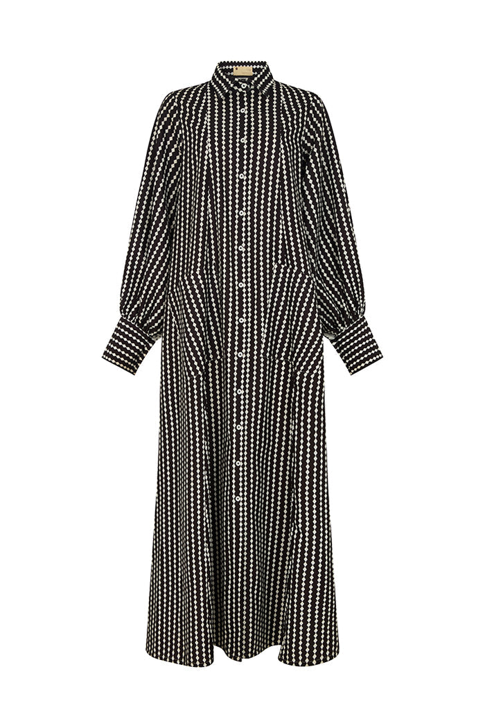 Maxi Flared Shirt Dress In Black&White Diamond Stripes