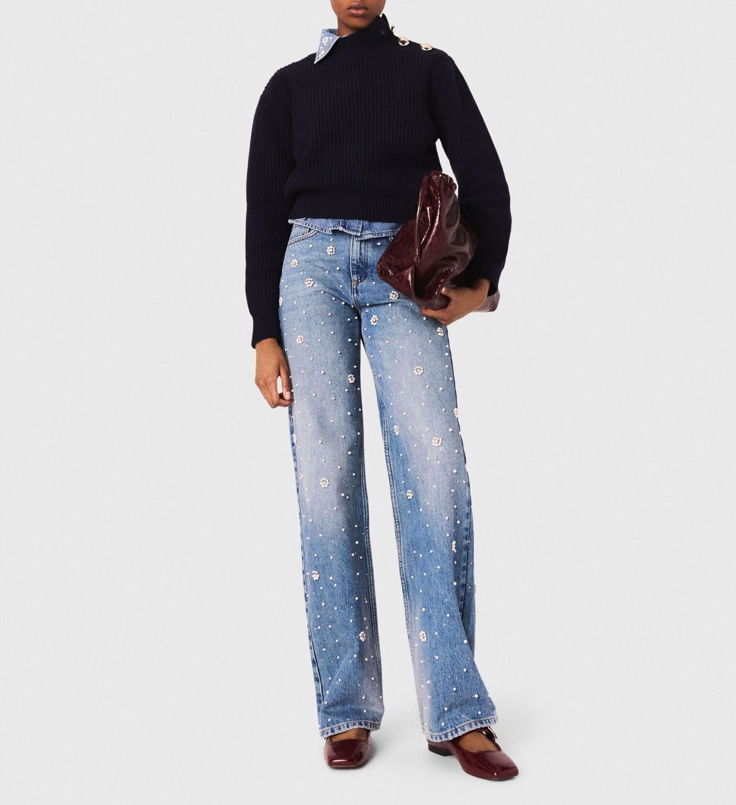 Wide-Leg Pearl Embroidered Jeans