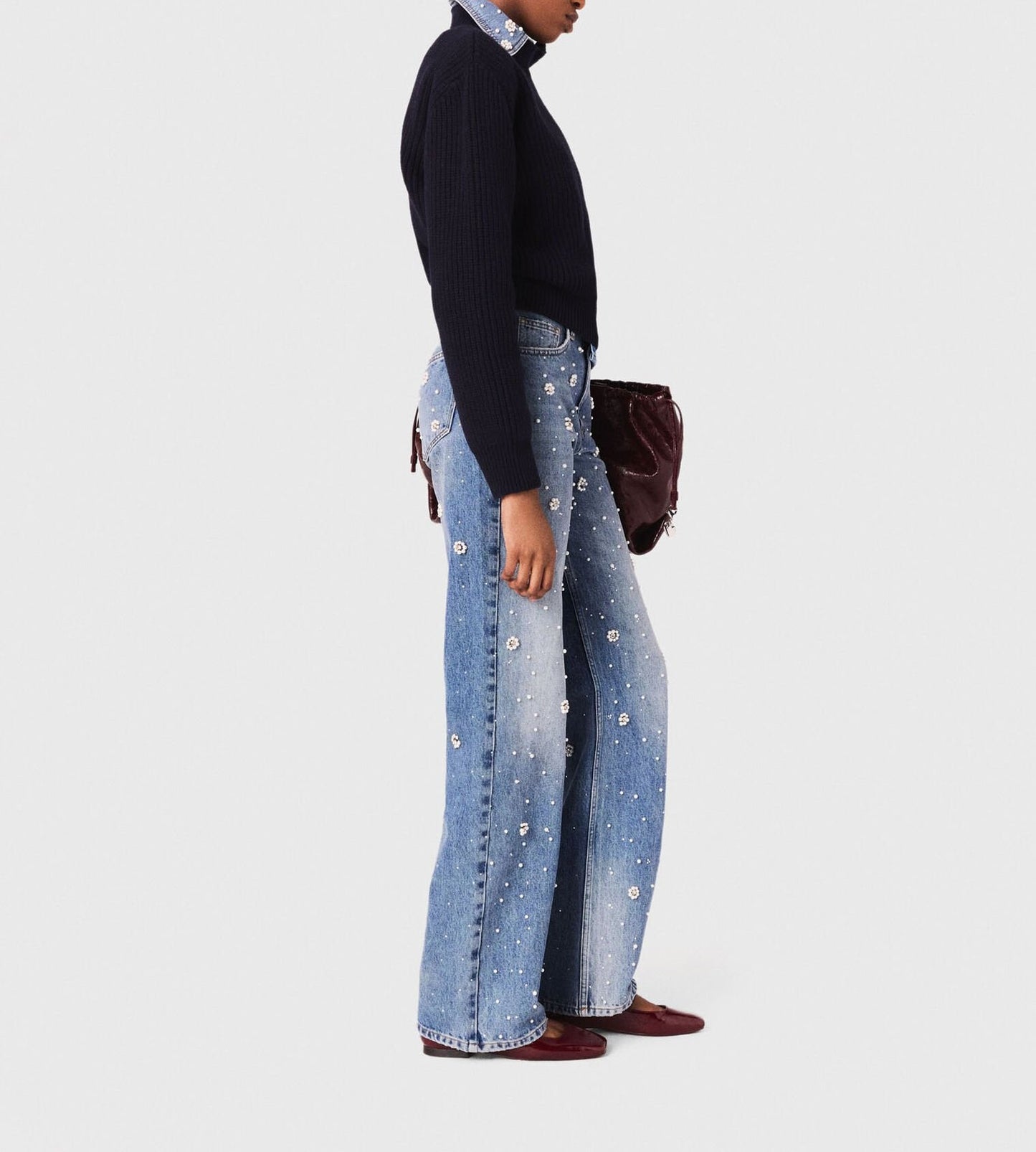 Wide-Leg Pearl Embroidered Jeans