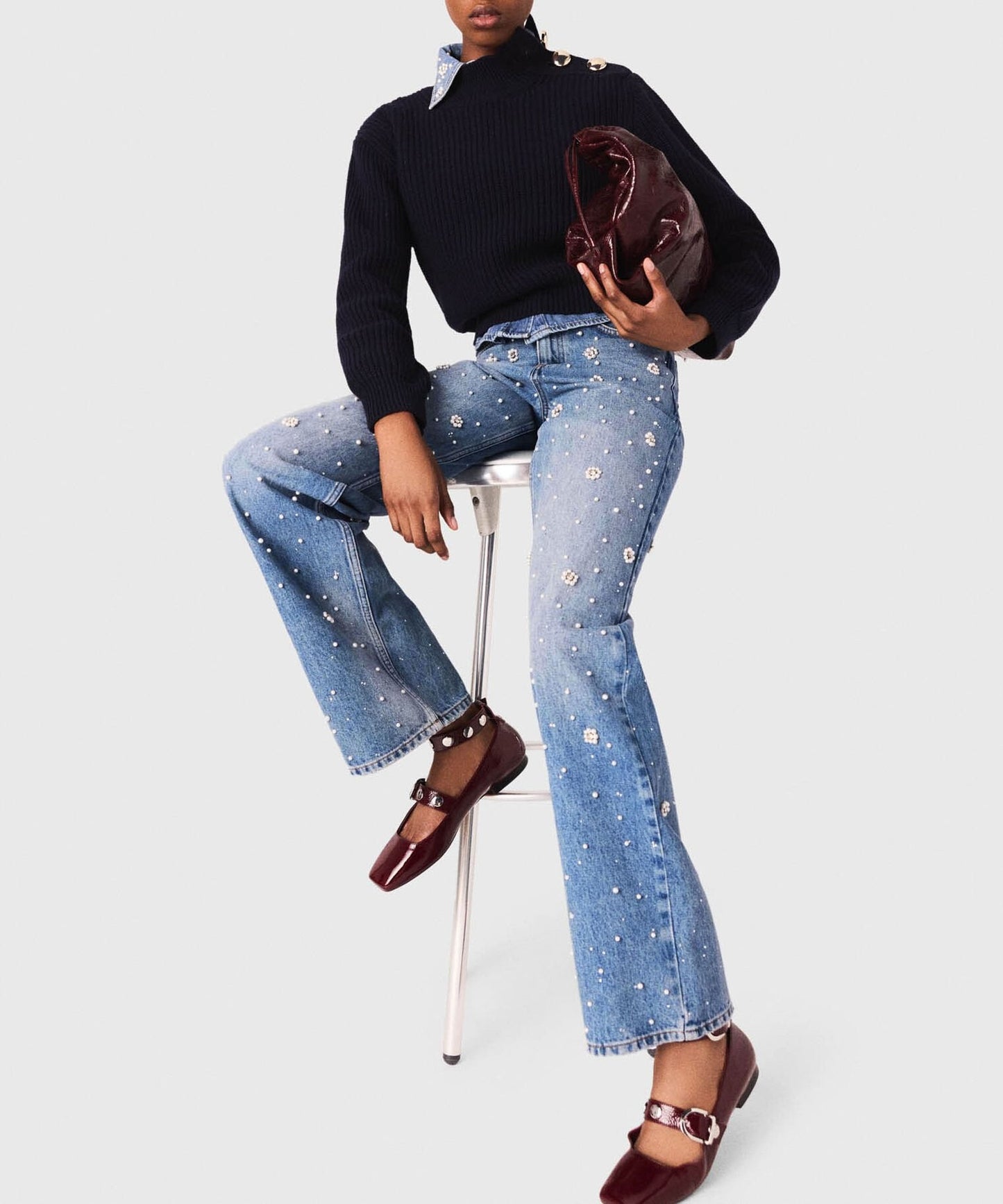 Wide-Leg Pearl Embroidered Jeans