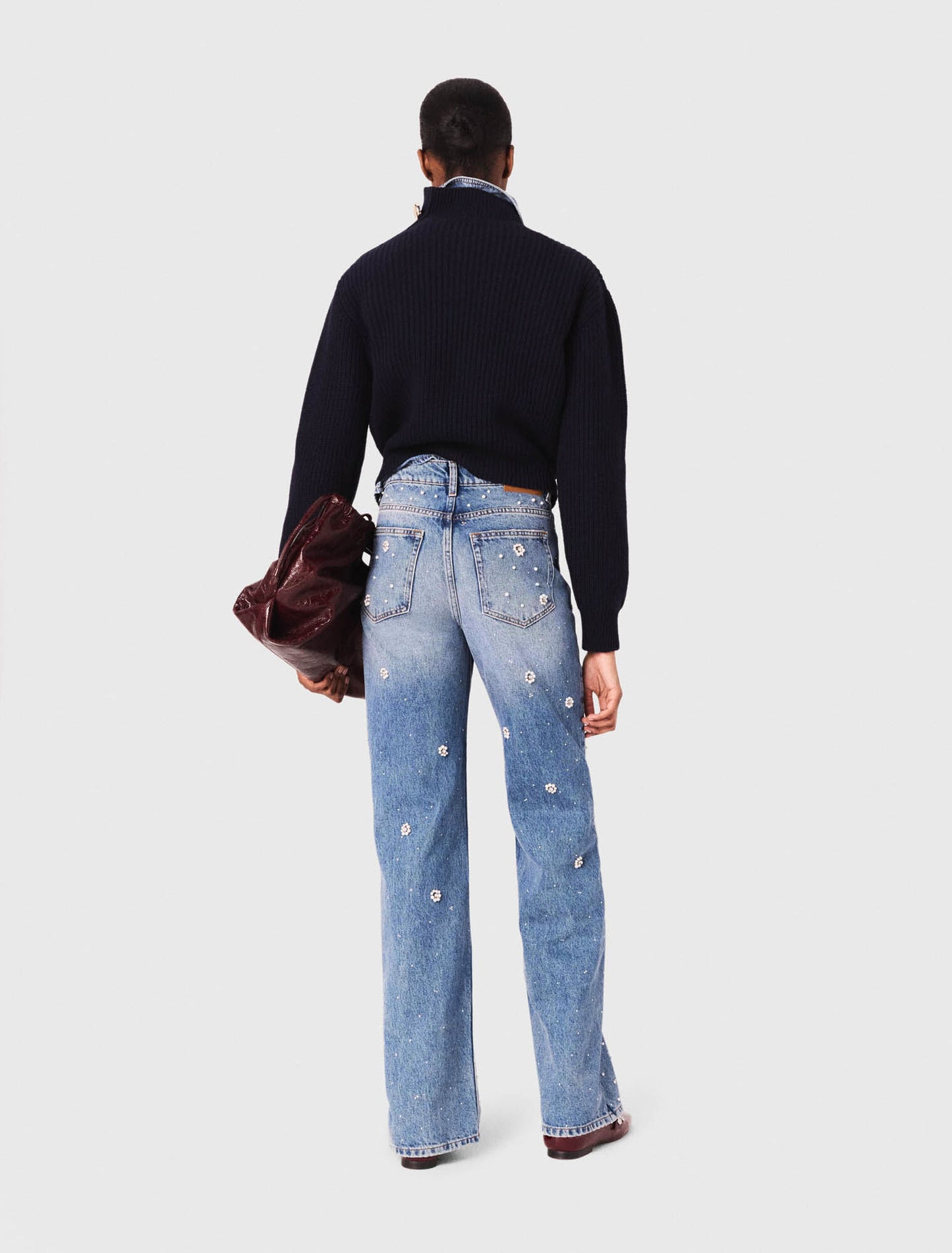 Wide-Leg Pearl Embroidered Jeans