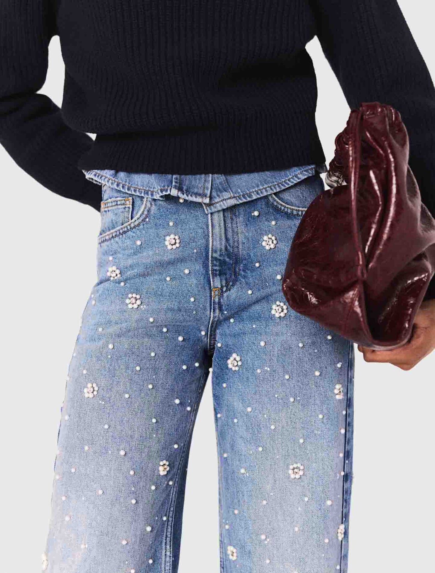 Wide-Leg Pearl Embroidered Jeans