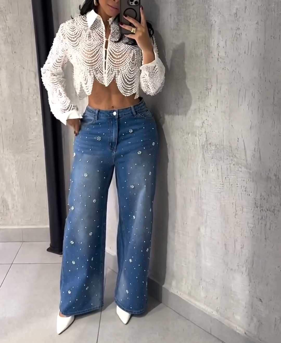 Wide-Leg Pearl Embroidered Jeans