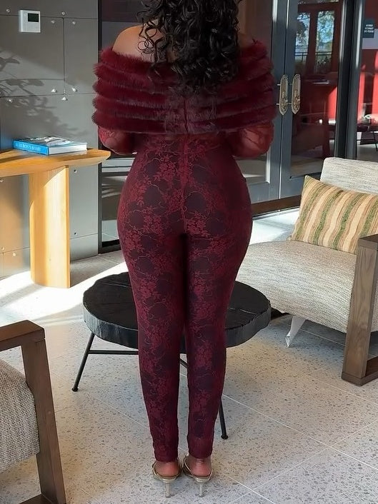 Lace Off Shoulder Faux Fur Jumpsuit