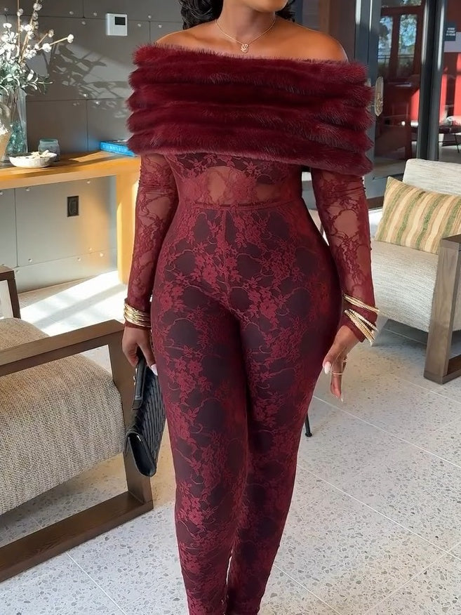 Lace Off Shoulder Faux Fur Jumpsuit