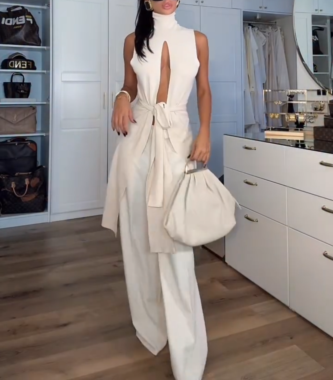 Fashionable Lace-Up Turtleneck Long Top and Pants 2-Piece Set