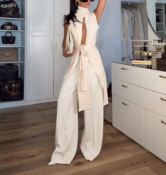 Fashionable Lace-Up Turtleneck Long Top and Pants 2-Piece Set