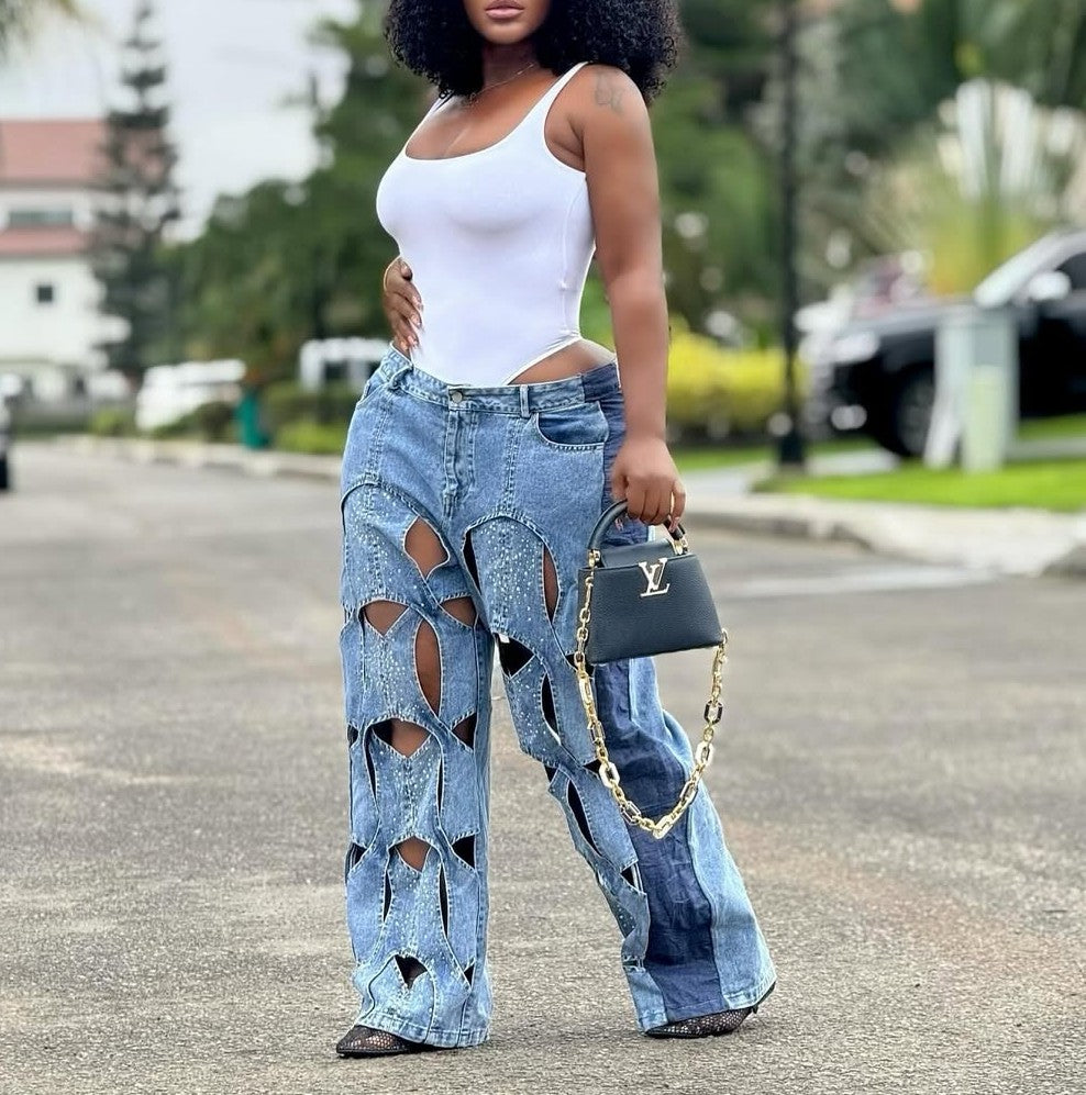 Fashionable Hollow Rhinestone Jeans