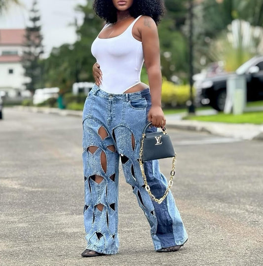 Fashionable Hollow Rhinestone Jeans