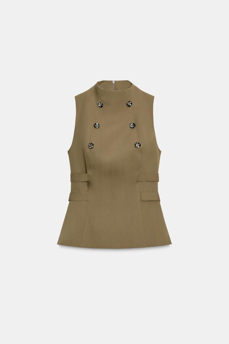 Brown Sleeveless Button-Down Top