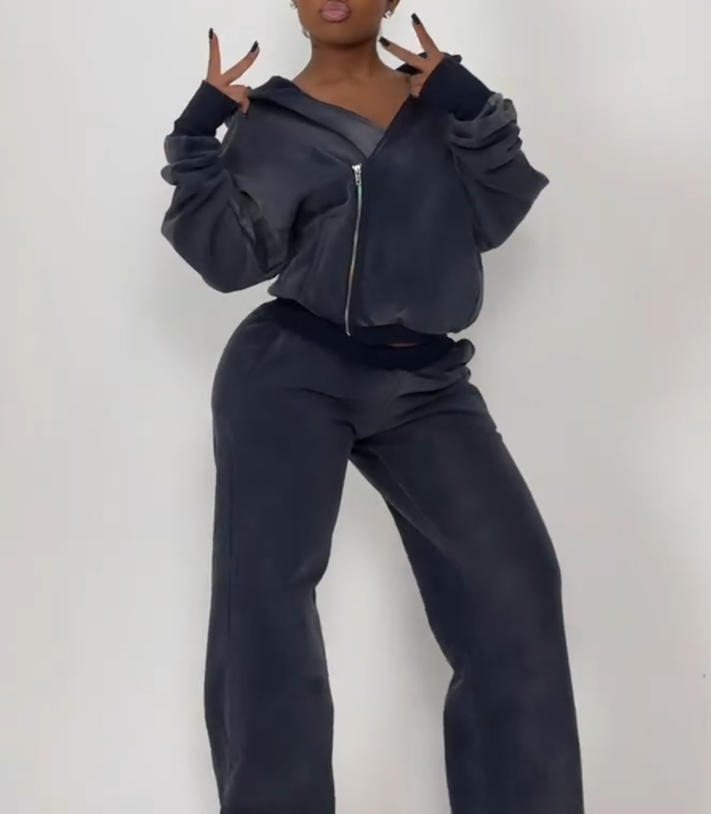 2-Piece Diagonal Zipper Pullover Sweatshirt and Trousers Set