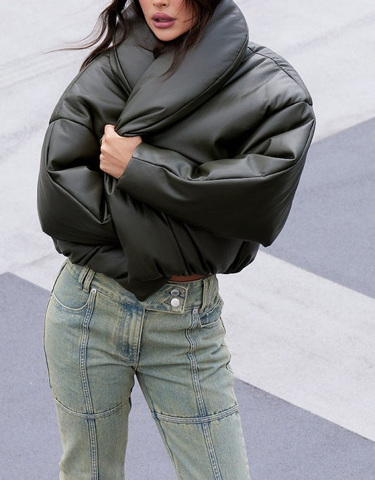 Exaggerated Collar PU Cropped Puffer Coat