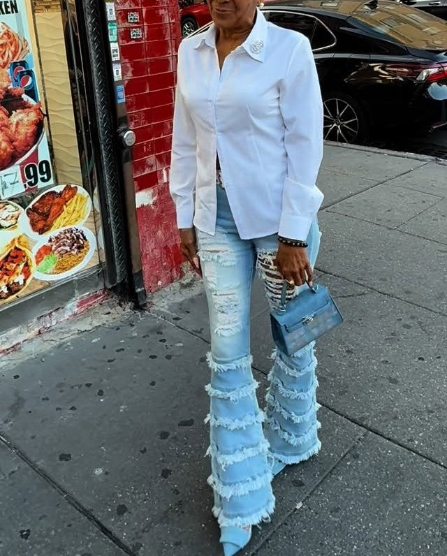 Tassel Ripped Washed Denim Flared Pants