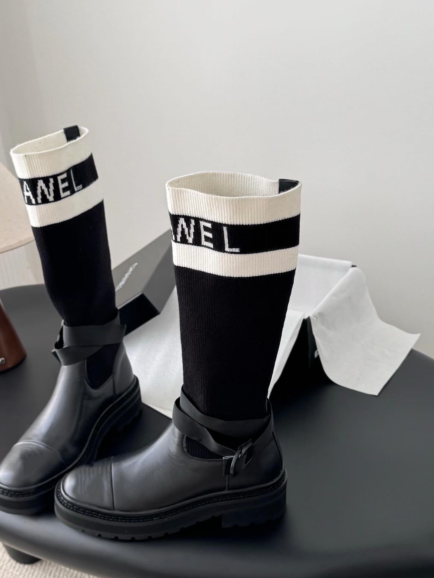 Black And White Technical Knit With Black Calfskin Boot
