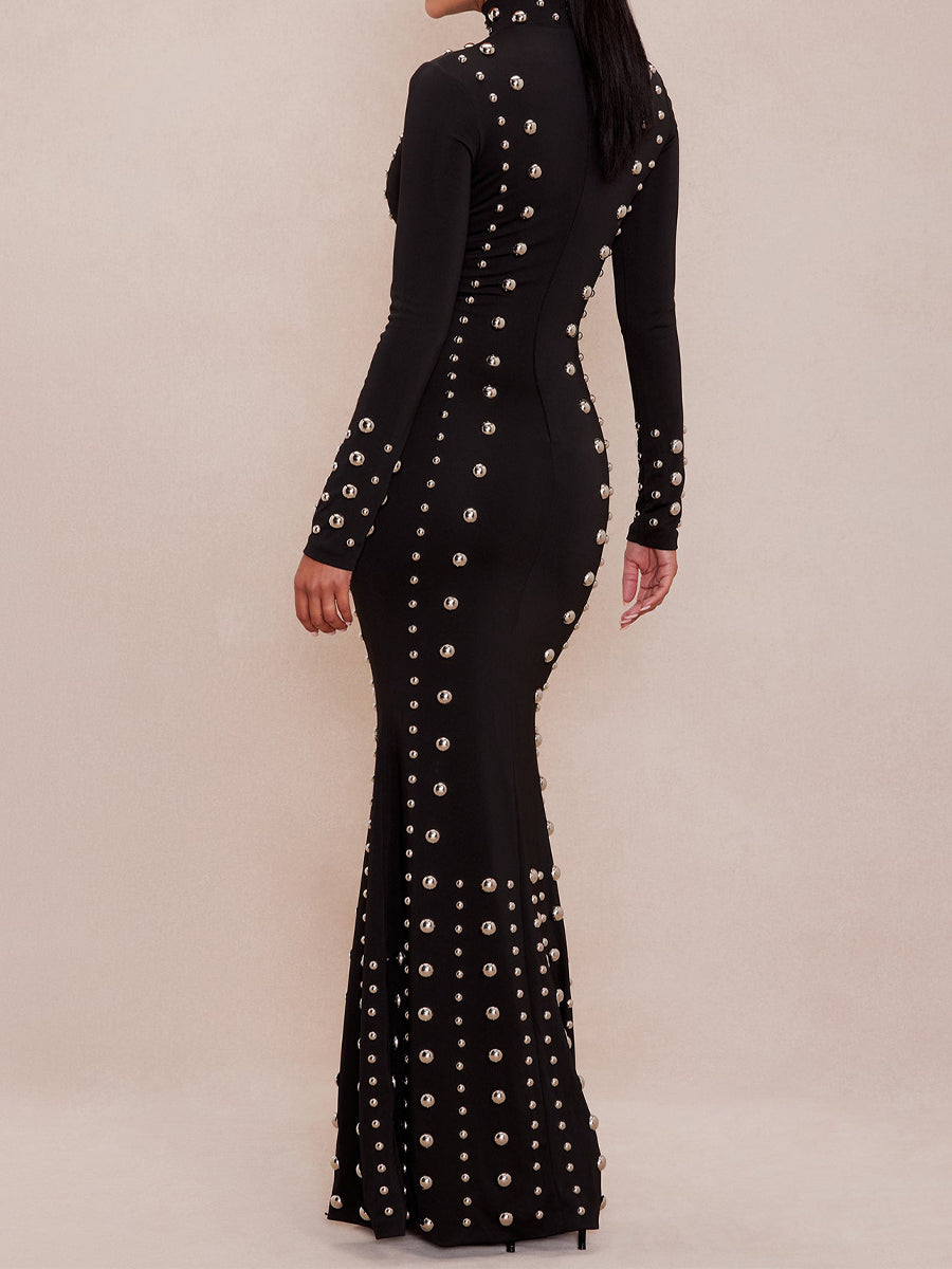 (⏰Last Day Promotion $10 OFF)Elegant Mock Neck Studded Maxi Dress