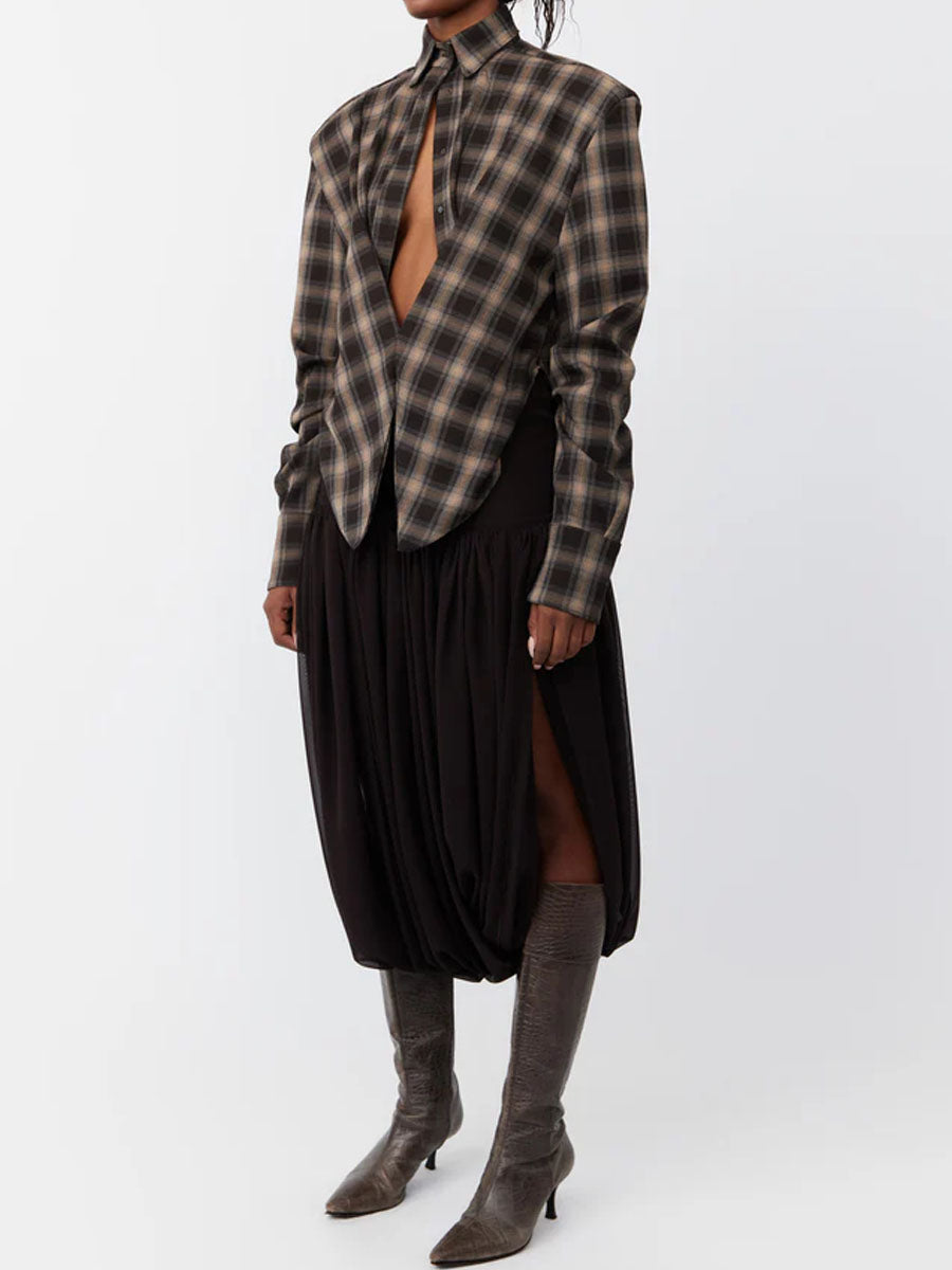 Plunging Neck Shoulder Padding Shirt And Pants 2-Piece Set