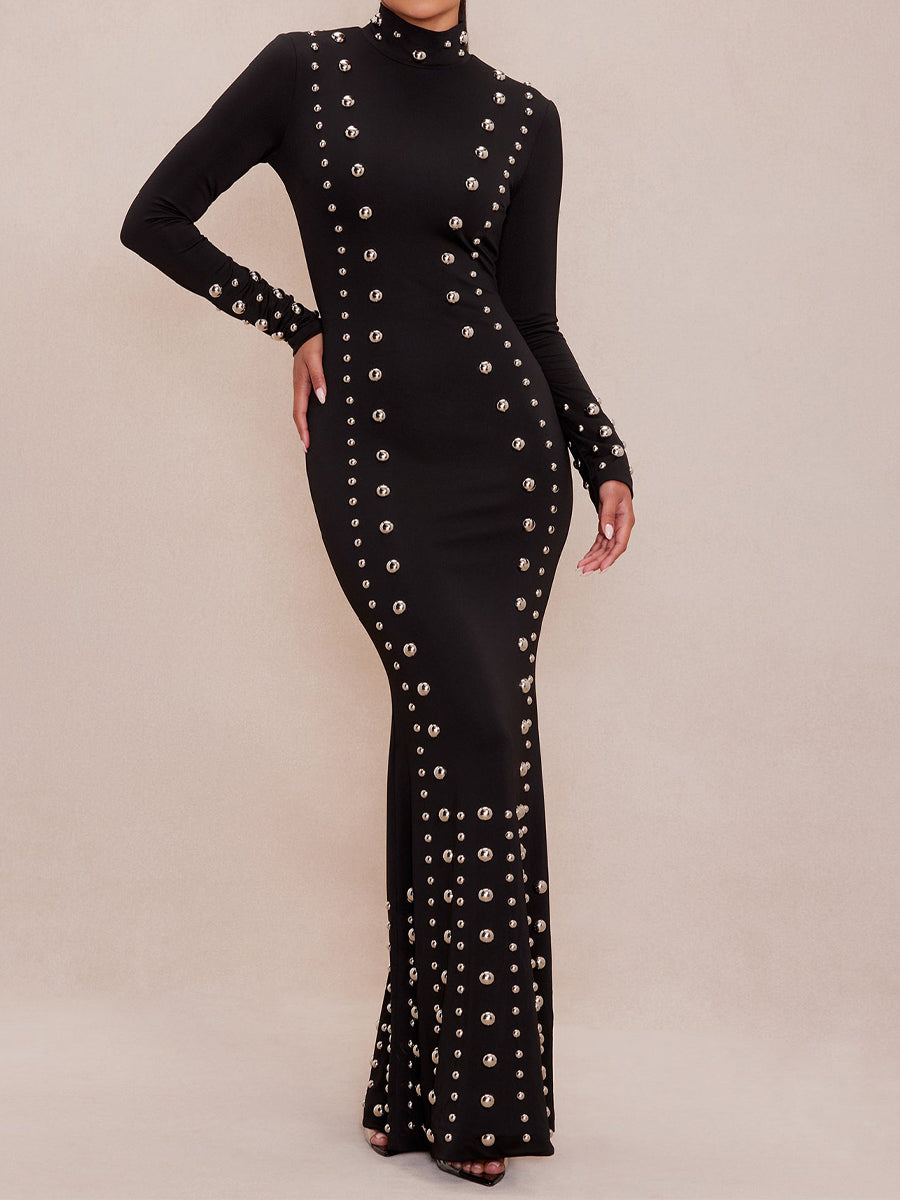 (⏰Last Day Promotion $10 OFF)Elegant Mock Neck Studded Maxi Dress