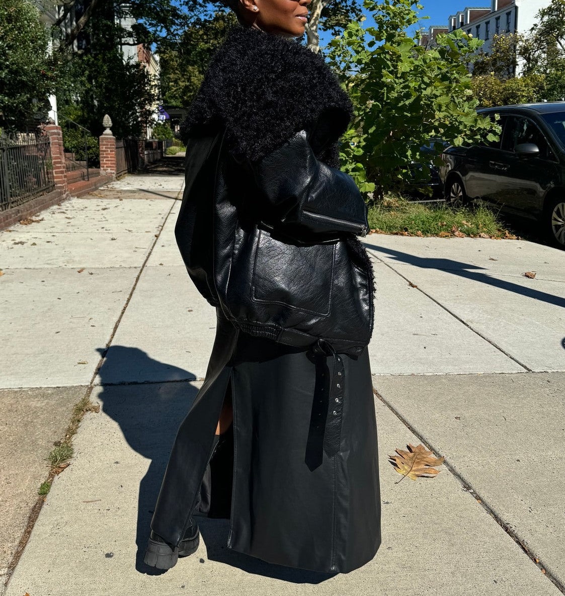 Faux Leather Shearling Fur Bomber Jacket
