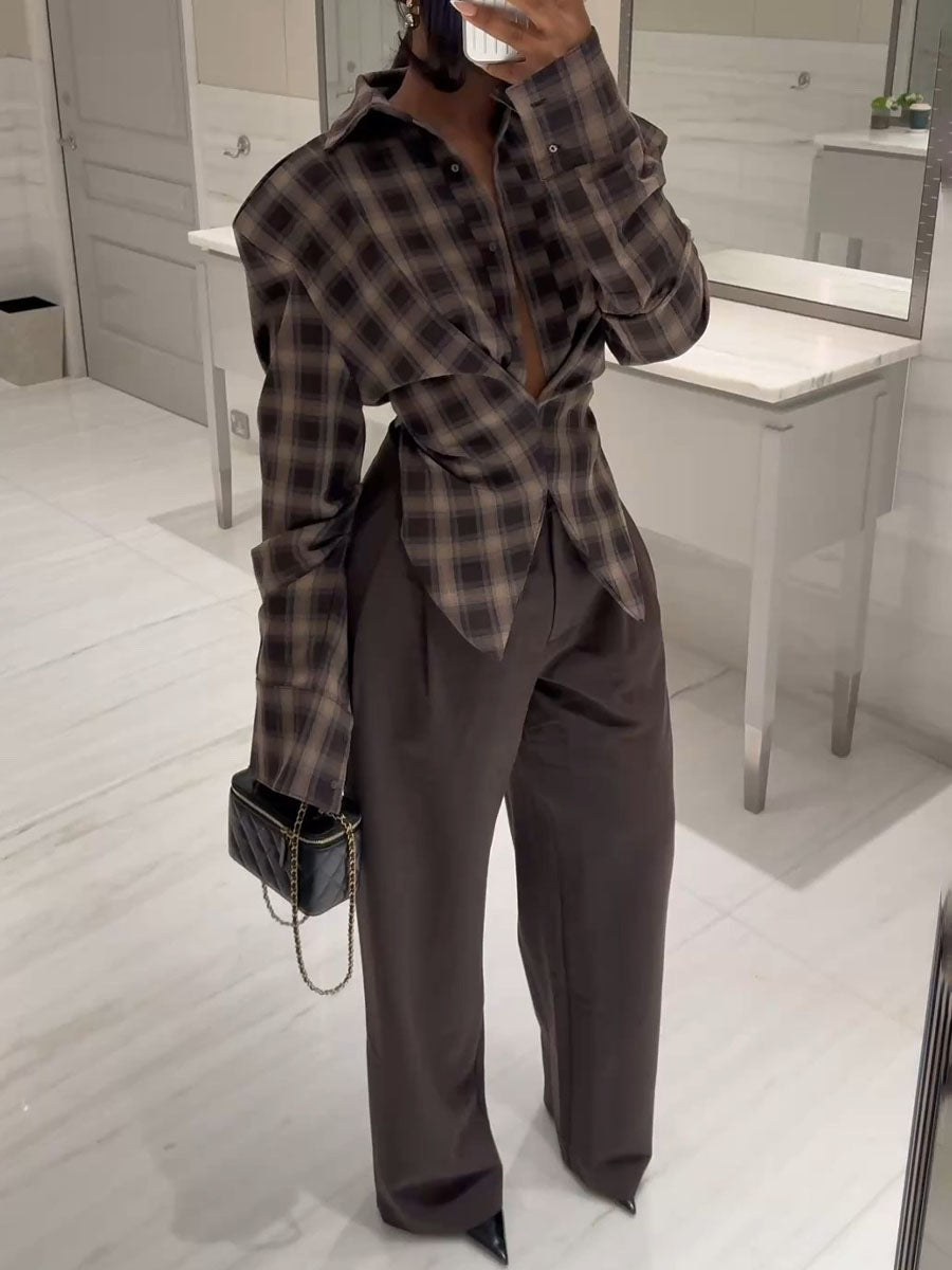 Plunging Neck Shoulder Padding Shirt And Pants 2-Piece Set