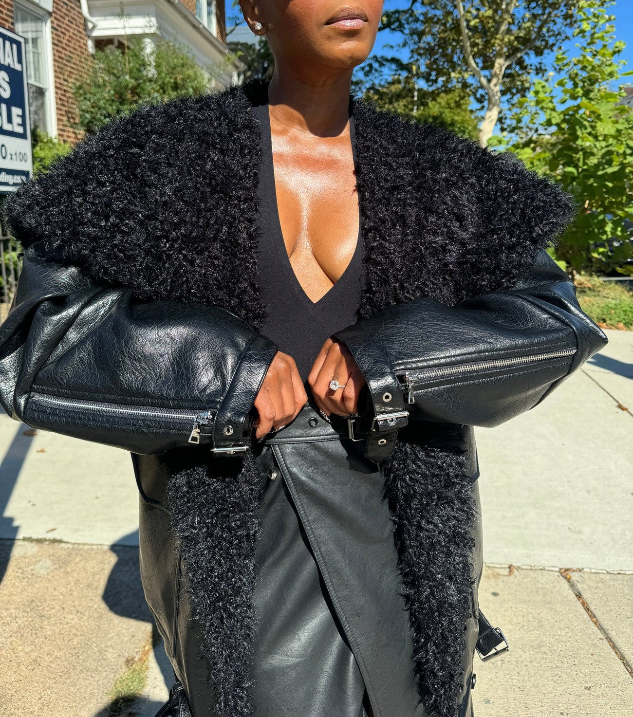 Faux Leather Shearling Fur Bomber Jacket