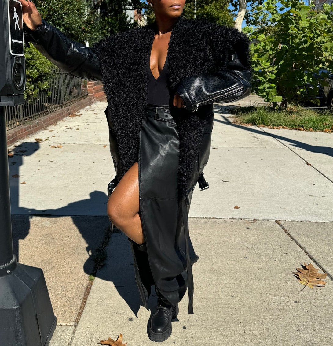 Faux Leather Shearling Fur Bomber Jacket