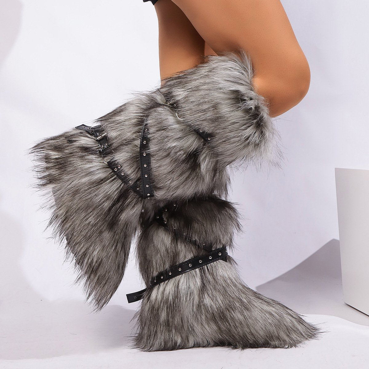 Crossed Belt Buckle Fur Fur Boots