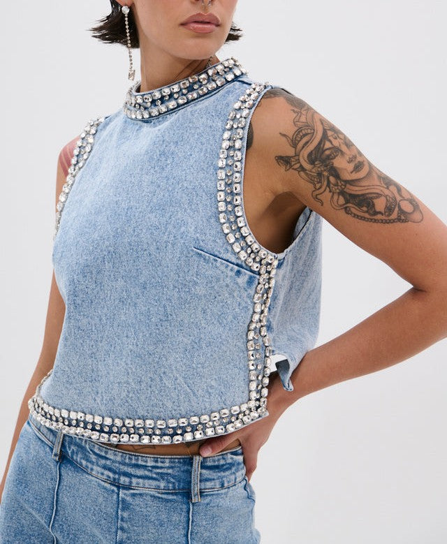 Popping Out Rhinestone Denim Shirt Jeans 2-Piece Set
