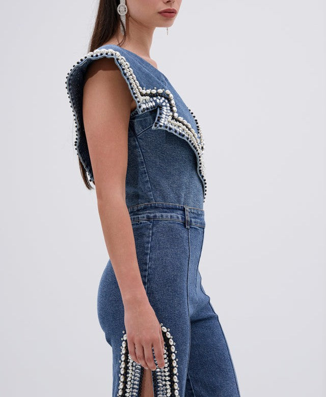 Luxury Denim Asymmetric Pearl Bodysuit + Side Slit Jeans