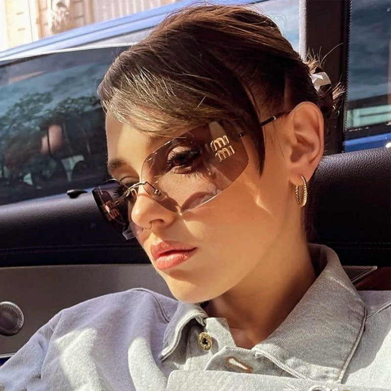Rimless Y2K Sunglasses for Women Men Fashion Wrap Around Frame Trendy Shield Frameless Design